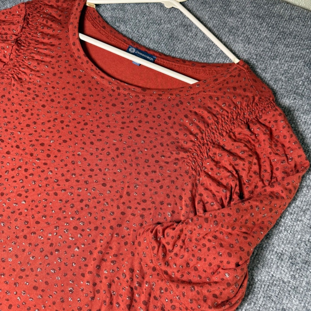 Democracy Womens XL Burnt Orange‎ Metallic Foil Animal Print Puff Sleeve Top